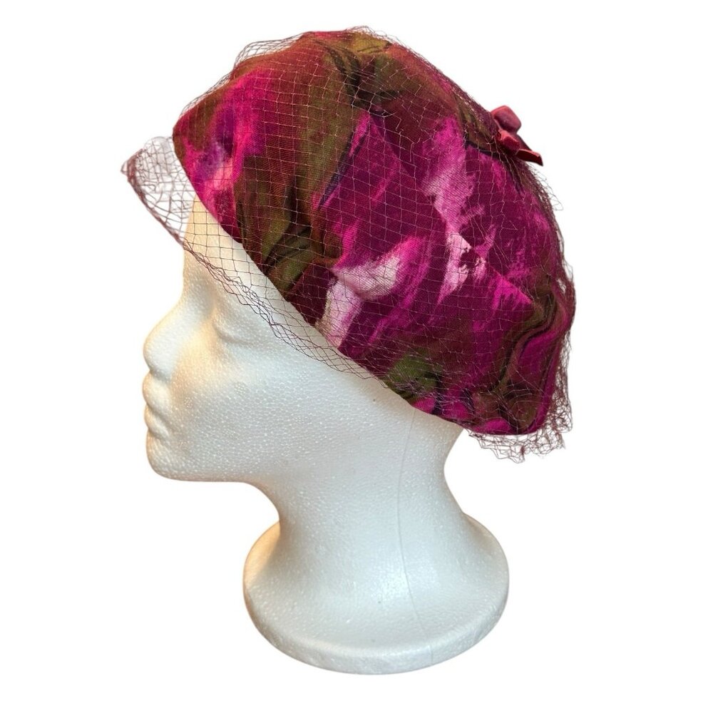Vintage 1960's Union Made USA Velvet‎ Cocktail Pillbox Hat Veil Magenta Green